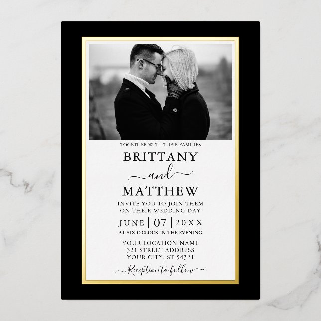 Invitation En Aluminium Mariage photo noir et blanc moderne (Recto)