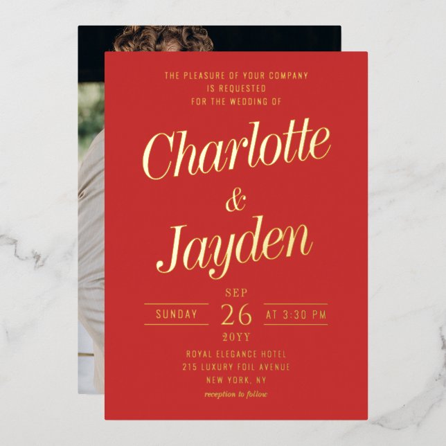 Invitation En Aluminium Mariage photo Red Elegant Foil Script (Recto/Verso)