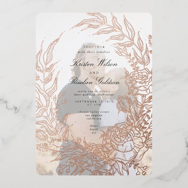 Invitation En Aluminium Mariage photo rose Gold Flower Wreath Emerald (Recto)