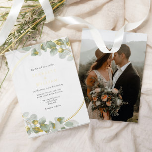 Invitation En Aluminium Mariage photo simple vert doré eucalyptus feuille