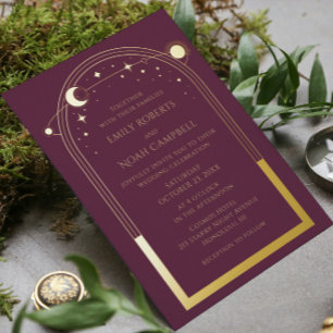 Invitation En Aluminium Mariage Photo Soleil Lune Étoiles Prune Mystique O