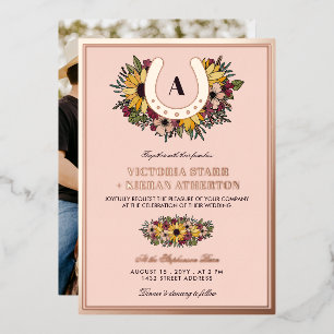 Invitation En Aluminium Mariage Photo Tournesols Fers à Cheval Rouge Doré