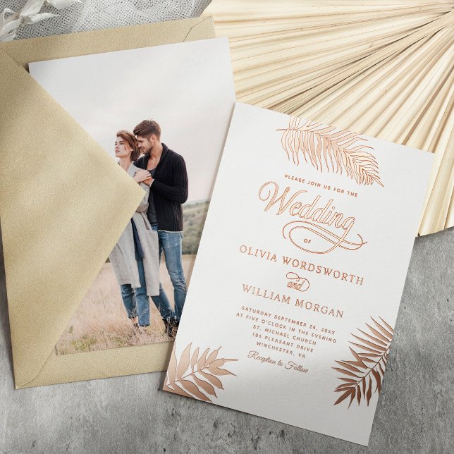 Invitation En Aluminium Mariage photo Tropical Palm Rose Gold Foil (Créateur téléchargé)