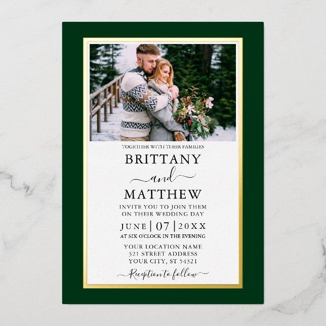 Invitation En Aluminium Mariage photo vert moderne Elegant Or (Recto)
