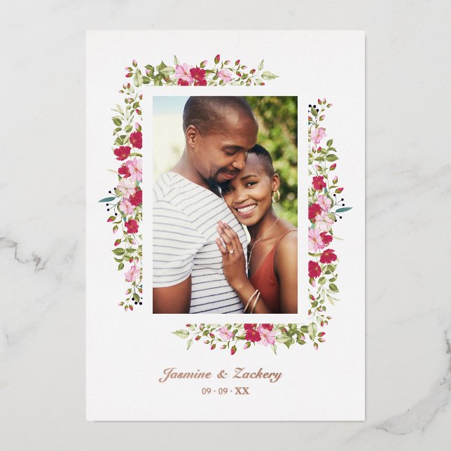Invitation En Aluminium Mariage rose et rouge Fleurs et branches Photo (Recto)