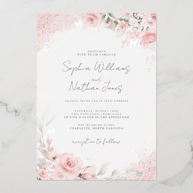 Invitation En Aluminium Mariage Rose rose pâle en argent  (Recto)