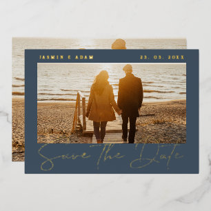 Invitation En Aluminium Mariage Royal Blue et Gold Photo Enregistrer la da