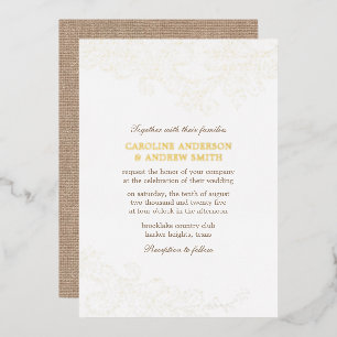 Invitation En Aluminium Mariage rustique chic en burlap et dentelle dorée