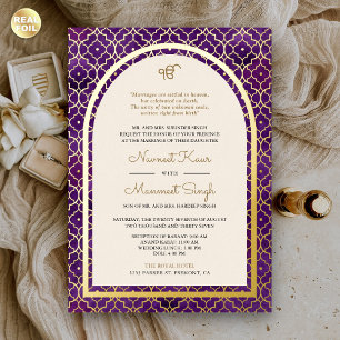 Invitation En Aluminium Mariage Sikh Arc Doré Motif Pourpre Marocain