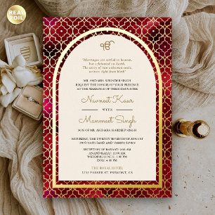 Invitation En Aluminium Mariage Sikh Arc Motif Rouge Marocain Or
