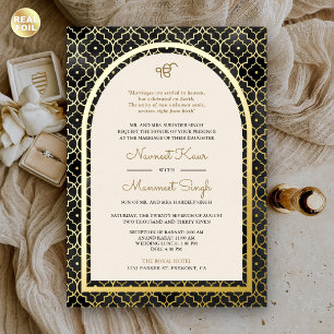 Invitation En Aluminium Mariage Sikh doré à motif noir marocain