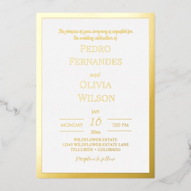 Invitation En Aluminium Mariage simple cadre de feuille d'or (Recto)