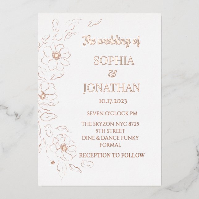 Invitation En Aluminium Mariage simple floral or feuille d'or (Recto)