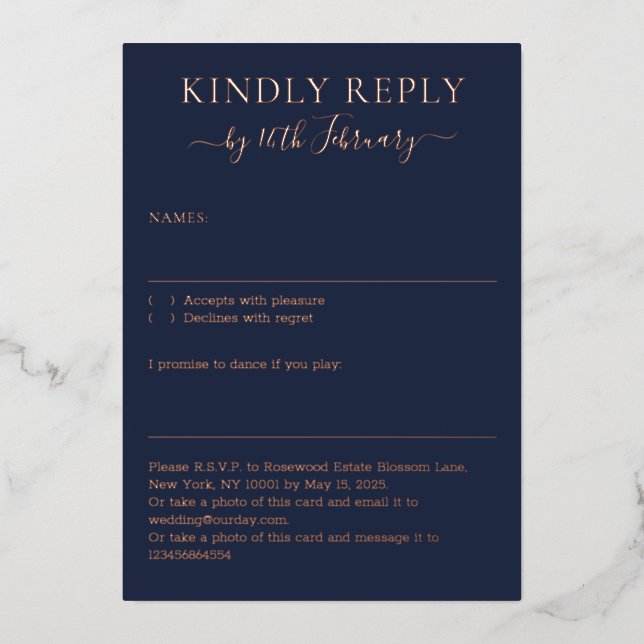 Invitation En Aluminium Mariage Simple Midnight Blue Navy Répondre (Recto)