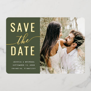 Invitation En Aluminium Mariage simple typographie photo vert olive