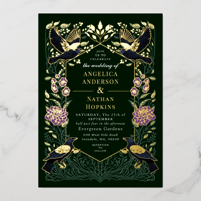 Invitation En Aluminium Mariage Snapdragon violet corbeau gothique enchant (Recto)