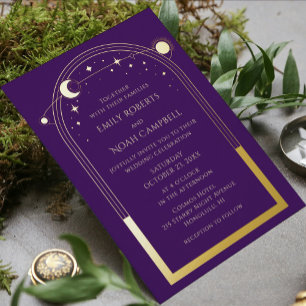 Invitation En Aluminium Mariage Soleil Lune Étoiles Or Violet Mystique