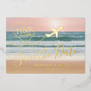 Invitation En Aluminium Mariage sur la plage Coucher de soleil Cœur Avion