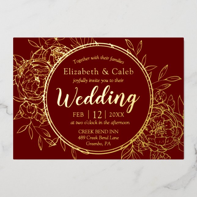 Invitation En Aluminium Mariage toile moderne rouge foncé et or Paeonia (Recto)