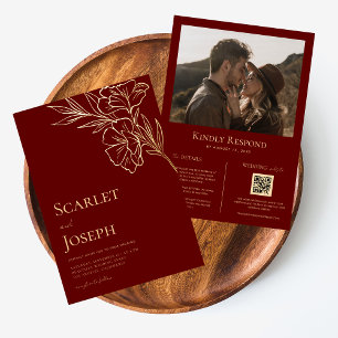 Invitation En Aluminium Mariage Tout-en-Un Fleurie Papier D'or Rouge Cramo