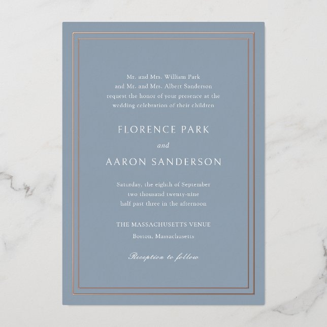 Invitation En Aluminium Mariage traditionnel Dusty Blue intemporel (Recto)