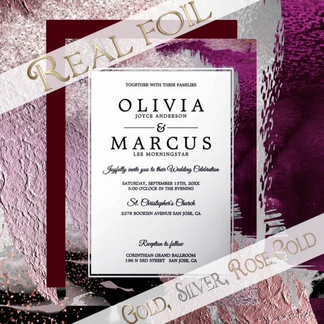 Invitation En Aluminium Mariage | Traits de pinceau métalliques cassis plu (Créateur téléchargé)