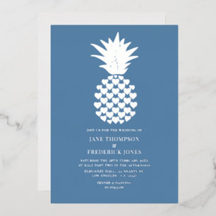 Invitation En Aluminium Mariage Tropical Ananas Bleu Poussière et Argent