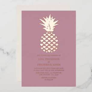 Invitation En Aluminium Mariage Tropical Ananas Rose Gold et Mauve