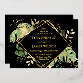 Invitation En Aluminium Mariage Tropical Géométrique Noir et Or
