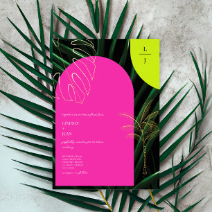 Invitation En Aluminium Mariage Tropical Monogramme Néon Arches Palmier