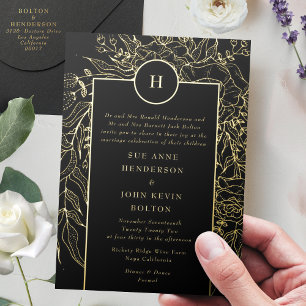 Invitation En Aluminium Mariage Tunique Noir Éditable Monogramme Couronne