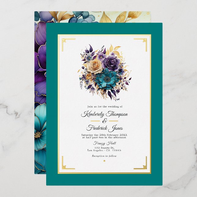 Invitation En Aluminium Mariage turquoise, violet et or (Recto/Verso)