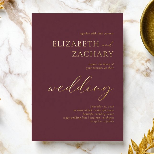 Invitation En Aluminium Mariage Typographie Moderne de Script Bourgogne (Créateur téléchargé)