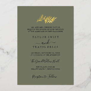 Invitation En Aluminium Mariage vert foncé minimal feuille or