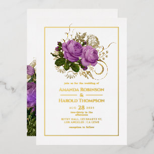 Invitation En Aluminium Mariage vintage floral violet et or shabby-chic