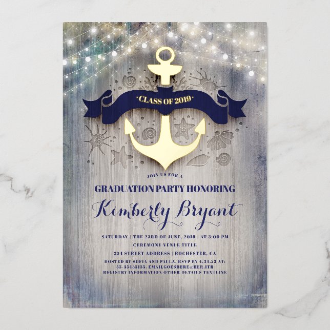 Invitation En Aluminium Marine Ancre Bleu et or Rustic Beach Graduation (Recto)