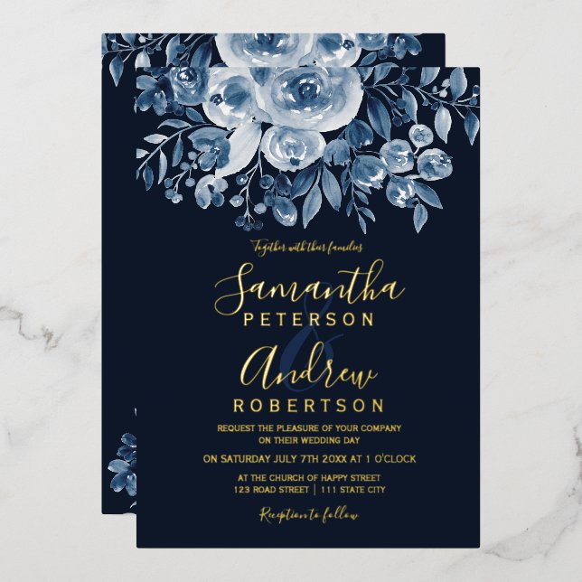 Invitation En Aluminium Marine bleu aquarelle floral script photo mariage (Recto/Verso)