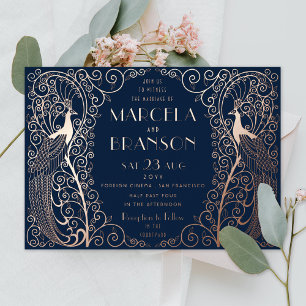 Invitation En Aluminium Marine Bleu Art Déco Peacocs Mariage Rose Or