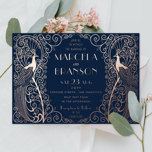 Invitation En Aluminium Marine Bleu Art Déco Peacocs Mariage Rose Or (Créateur téléchargé)