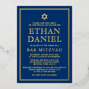 Invitation En Aluminium Marine bleu bar mitzvah étoile de David or ou arge