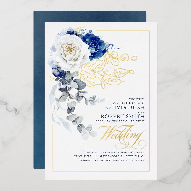 Invitation En Aluminium Marine Bleu & Blanc Floral Boho Élégant Mariage (Recto/Verso)