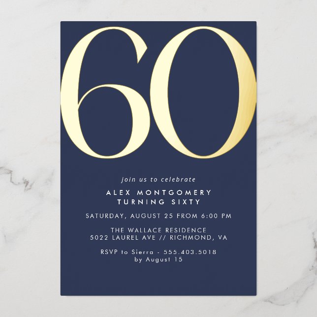 Invitation En Aluminium Marine bleu et or | Moderne Elégant 60e anniversai (Recto)