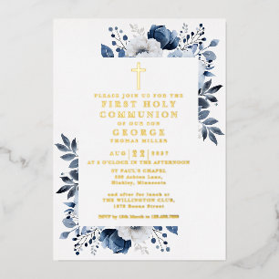 Invitation En Aluminium Marine Bleu Floral Première Sainte Communion Or