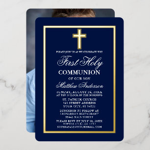Invitation En Aluminium Marine Bleu Première Sainte Communion Photo Croix 