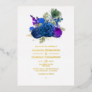 Invitation En Aluminium Marine Blue et or Vintage Peacock Mariage Foil In