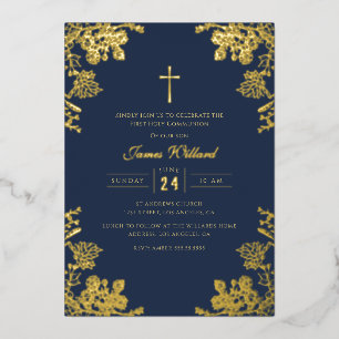 Invitation En Aluminium Marine Blue Gold Croix Vintage Garçons Première co