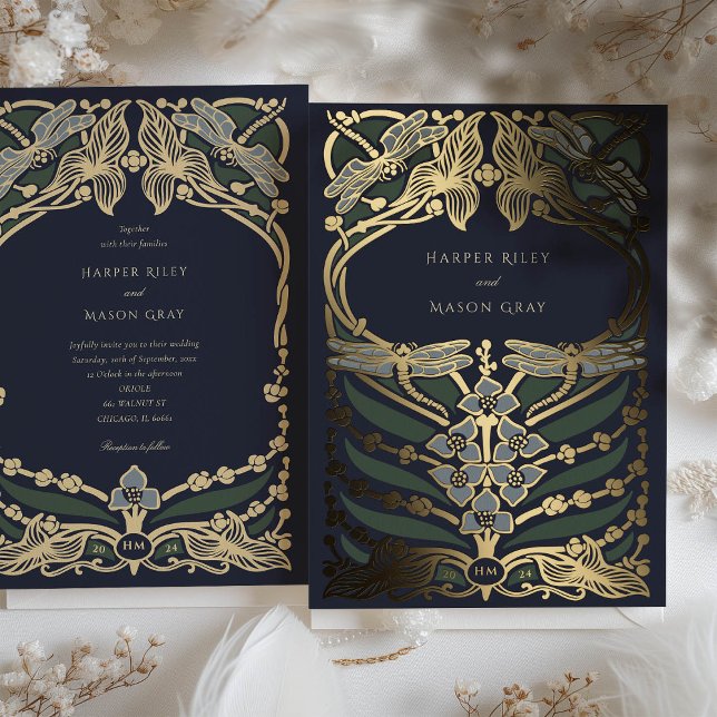 Invitation En Aluminium Marine Blue Gold Foil Art Nouveau Dragonfly Mariag (Créateur téléchargé)