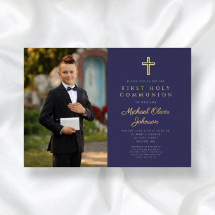 Invitation En Aluminium Marine Blue Gold Script Boy Photo First Communion