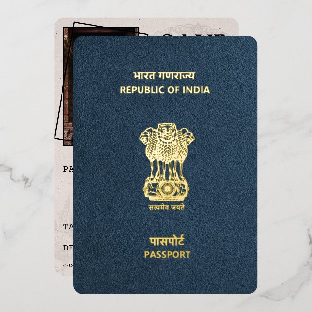 Invitation En Aluminium Marine Blue India Passport Enregistrer La Date (Recto/Verso)