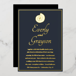 Invitation En Aluminium Marine Blue Opulence Seashell Beach Gold Mariage